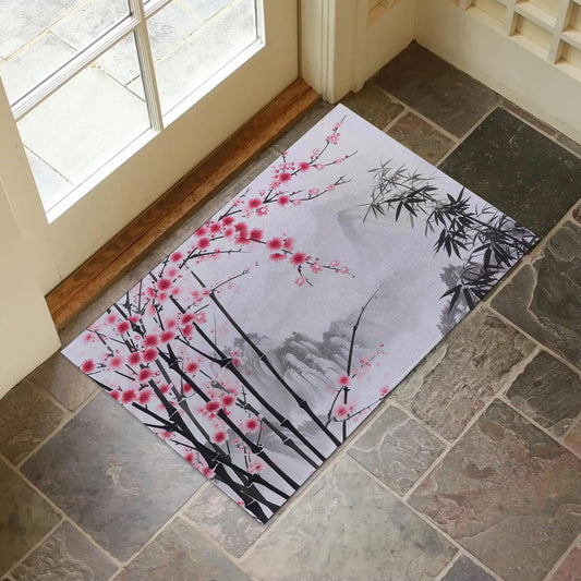 VANZEV Oriental Cherry Blossom and Bamboo Indoor Door Mat for Entryway, 17x29.5 Inch, Floral Floor Doormat for Home Decor, Non-Slip Rug Mat for Living Room, Kitchen, Bedroom, Gifts for Zen Lovers