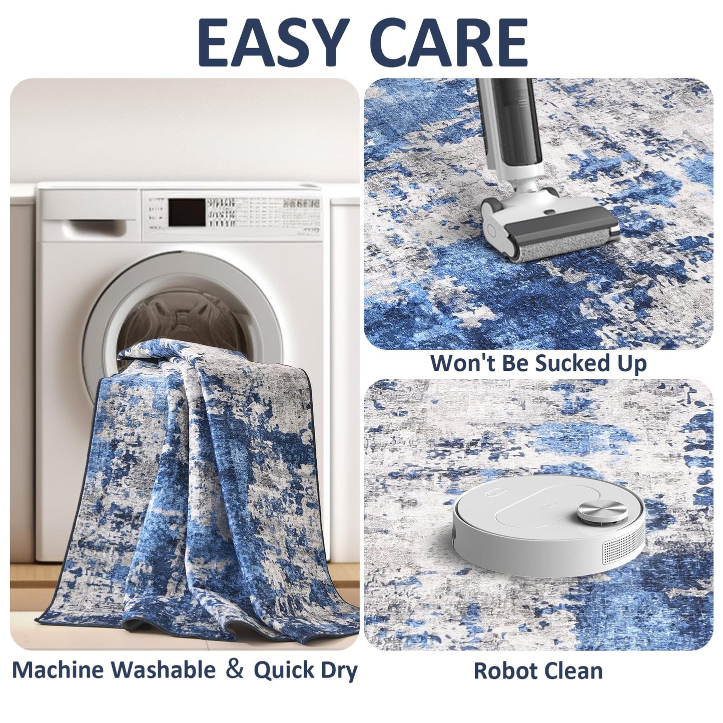 Washable Rugs 5X7 Large Neutral Modern Non Slip Foldable Thin Under Dining Table Dining Room Floor Cove Blue