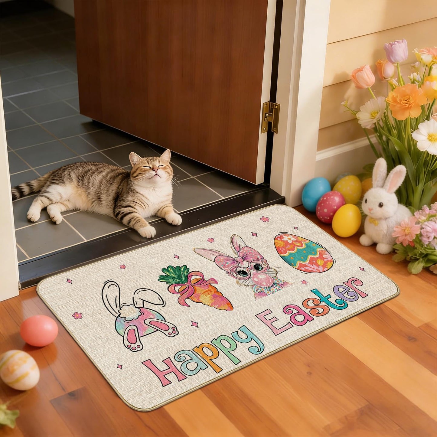 Mocsicka Easter Door Mat Bunny Eggs Welcome Doormat for Indoor Outdoor Spring Floor Mat Entry Welcome Rug Non-Slip Washable for Porch Front (Beige, 16x29inch)
