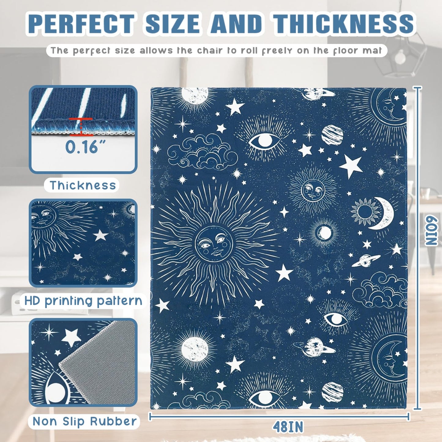 Office Chair Mat for Hardwood Floor 48"X 60" Heavy Duty Desk Chair Rug for Under Gaming Rolling Chairs Computer Decor Protect Mats Low Pile Non-Slip Rubber for Carpet & Tile Floor- Gothic