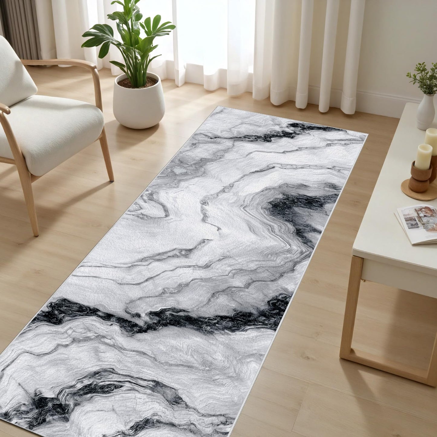 Marble Swirl Runner Rug Non Slip, Minimalist Gray White Carpet Runners for Hallway 2x8 ft, Modern Abstract Marble Throw Rugs Washable Kitchen Rug Floor Mat Rugs for Bathroom Laundry Room Entryway