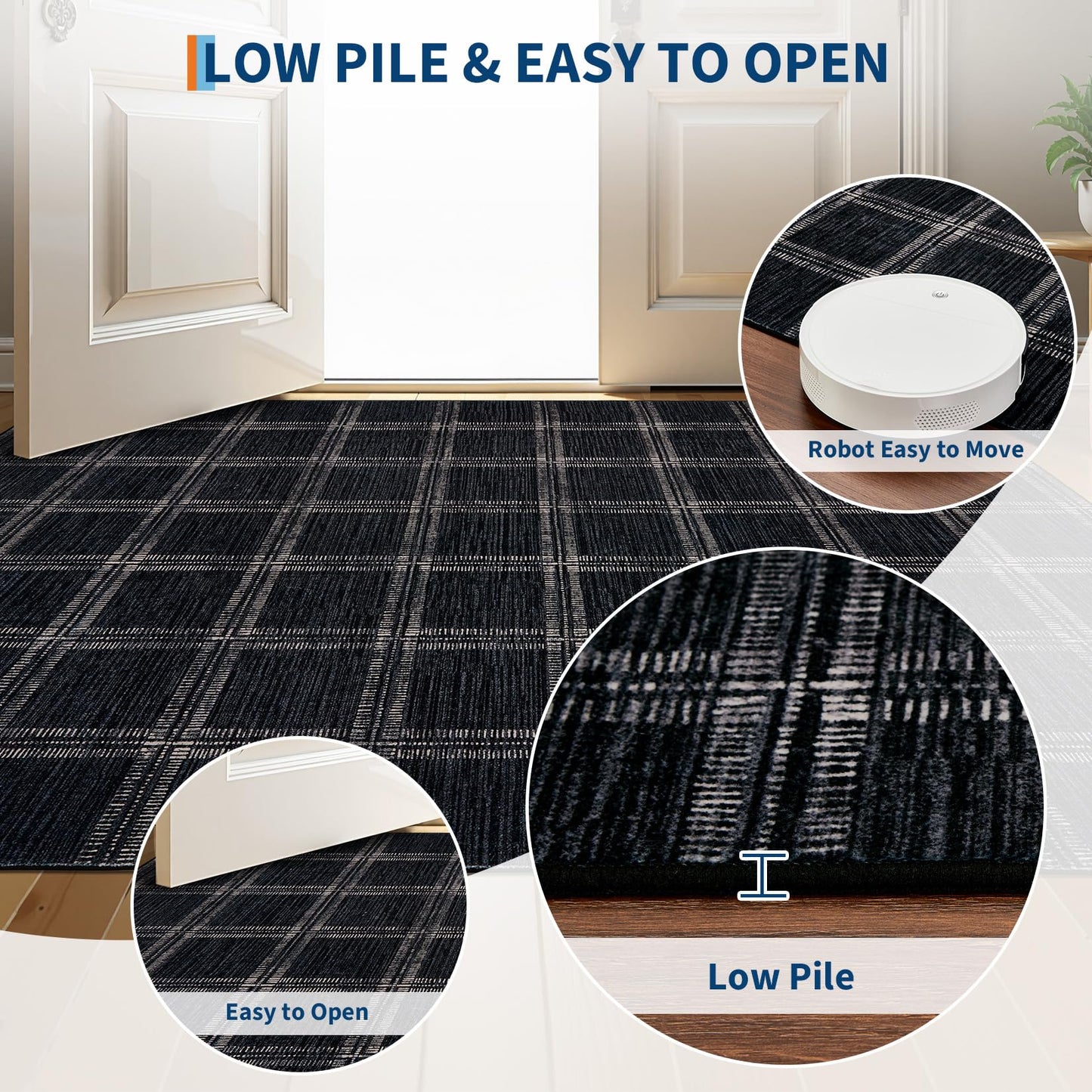 MilleLoom Washable Black Checkered 5x7 Area Rug, Ultra Thin Soft Non Slip Geometric Living Room Bedroom Rugs, Low Pile Stain Resistant Indoor Modern Throw Carpet for Dining Room Office