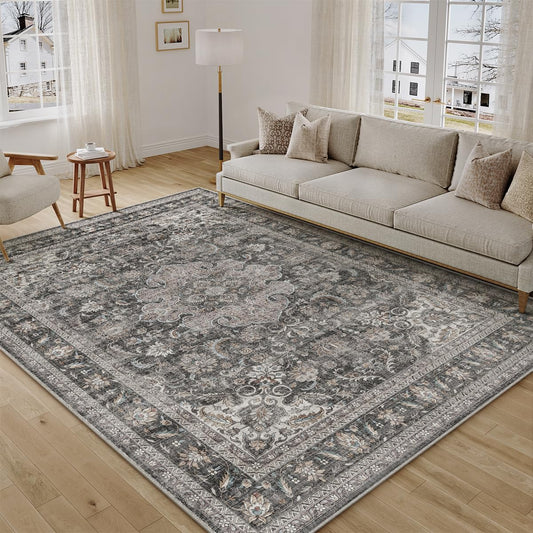 WondRg 6x9 Washable Area Rug Black Grey Vintage Non Slip Soft Medium Pile Rug for Living Room Bedroom Dining Room Office Distressed Oriental Indoor Throw Carpet for Home Decor