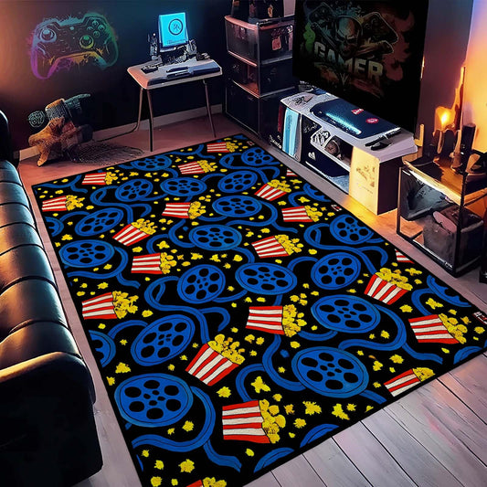 5x8 Movie Area Rug, Movie Theater Rug, Movie Night Home Theater Rugs, Movie Reels and Popcorn Rugs, Large Vintage Film Carpet for Theater, Living Room, Non Slip Soft Low Pile
