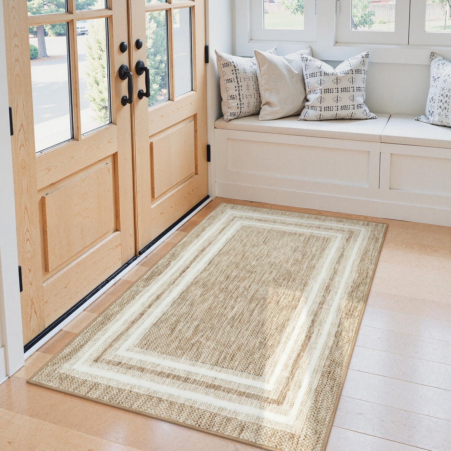 OJIA Modern Bordered Washable Rug 3'x5', Printed Non Slip Rug for Living Room Soft Bedroom Entry Mat Non-Shedding Accent Carpet Indoor Door Mat Small Carpet for Entryway Kitchen Bathroom Office