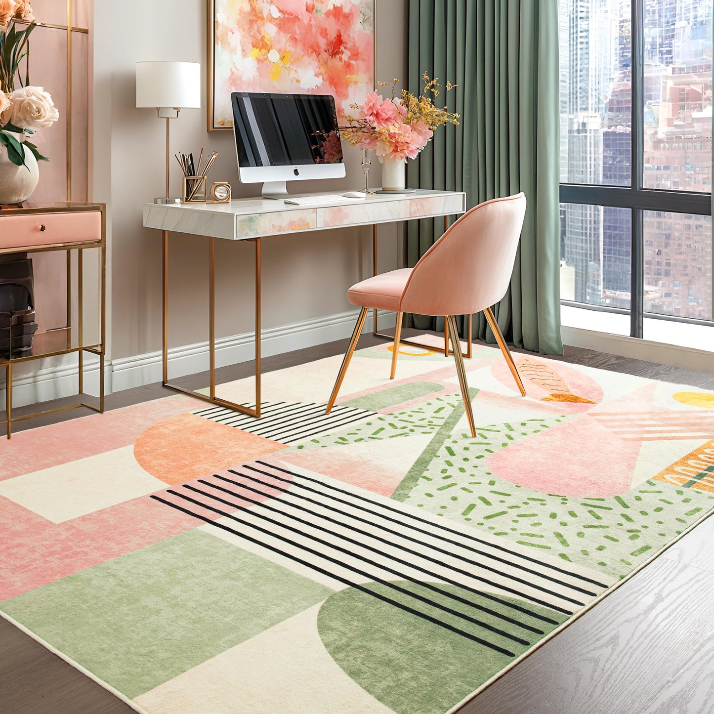 Tepook Pink Area Rug for Living Room, 8x10 Indoor Carpet for Bedroom Washable, Non-Slip Abstract Print Kids Rug for Nursery Playroom Classroom Dorm Office Dining Room