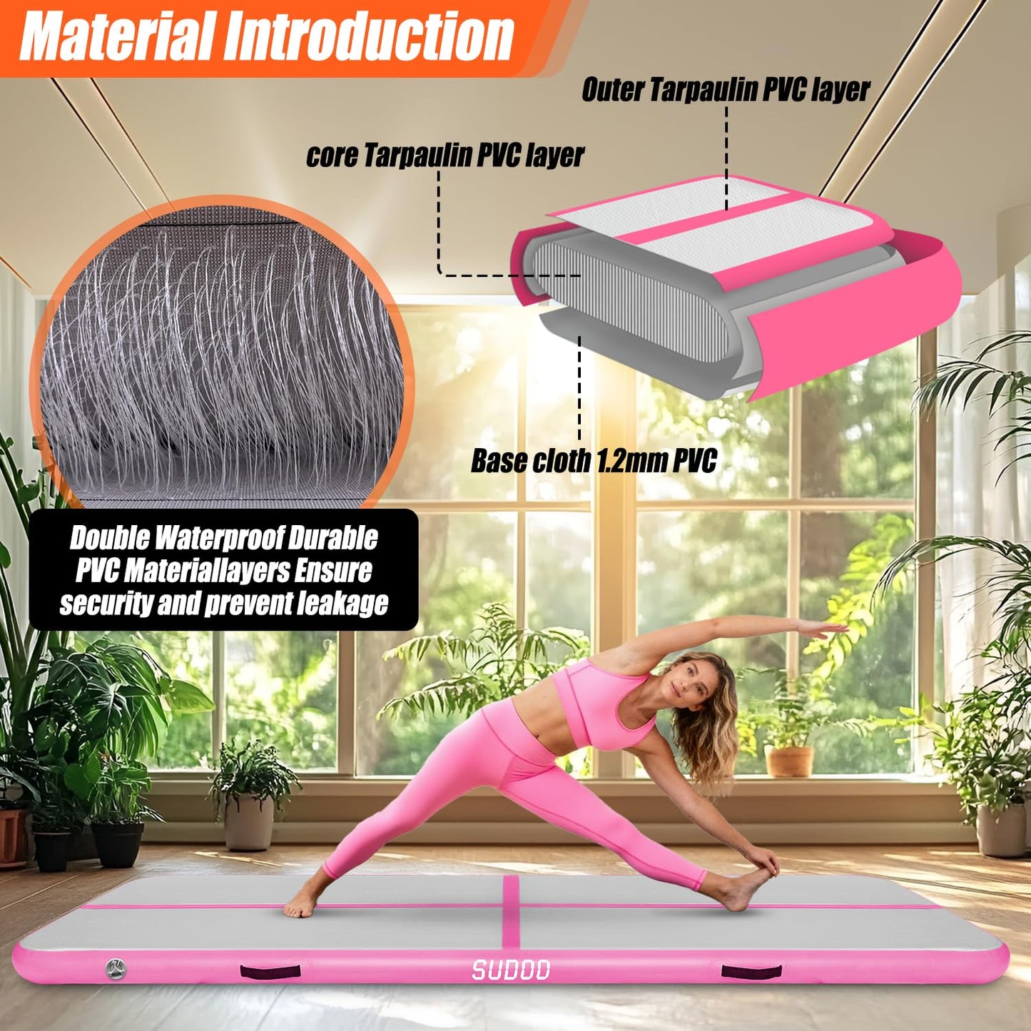 SUDOO 10ft Inflatable Air Gymnastics Mat 4" Thick PVC Waterproof Air Tumble Track Training Mat for Home Use, Gym, Yoga, Training, Water No Pump