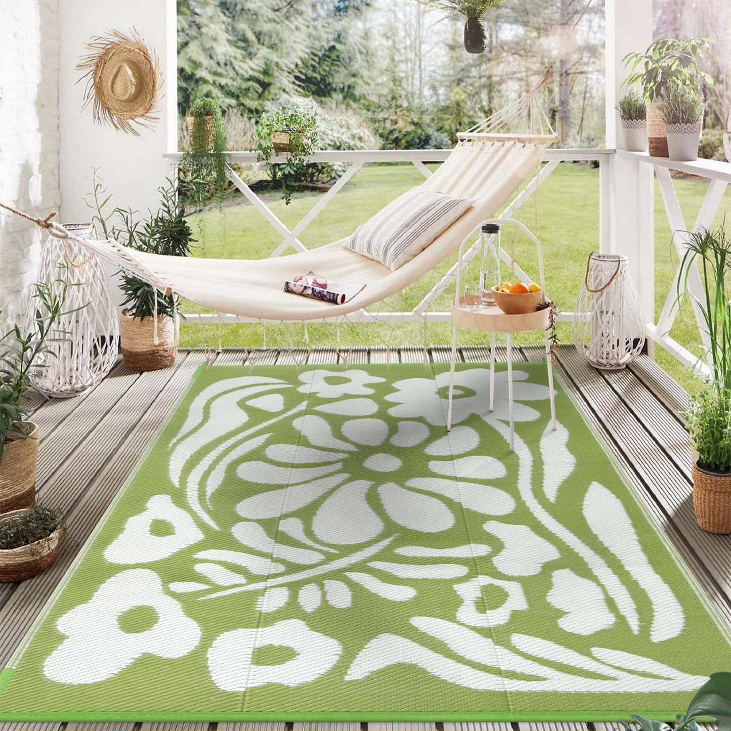 Uphome Outdoor Plastic Straw Mats 6x9 ft, Reversible Waterproof Outdoor Rug Carpet, Green Floral Patio Rug, RV Camping Rug for Outside, Indoor Outdoor Area Rug for Backyard Deck Balcony Picnic, 6'x9'