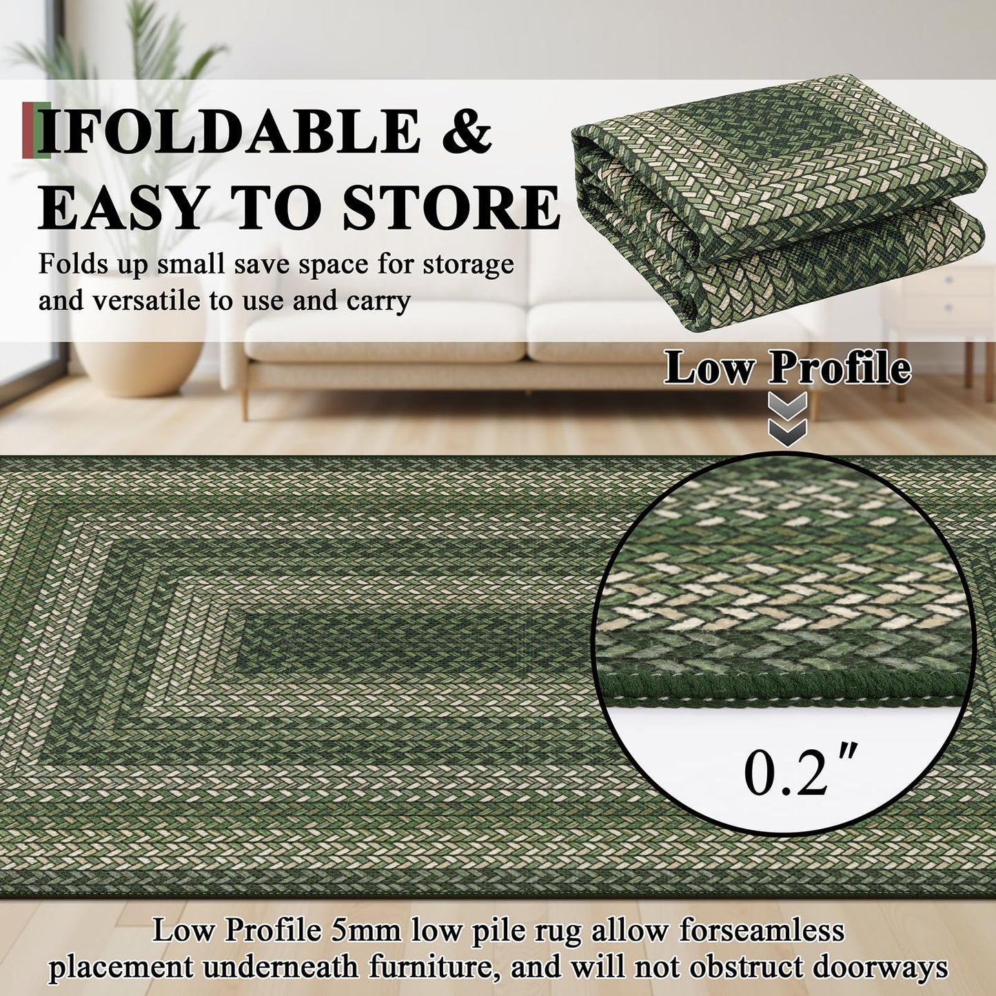 Ileading Faux Braided Area Rug 6'x9' Washable Farmhouse, No-Shed Non-Slip Woven Carpet, Pet Friendly Stain Resistant Jute Style Rug for Living Room Dining Bedroom Office