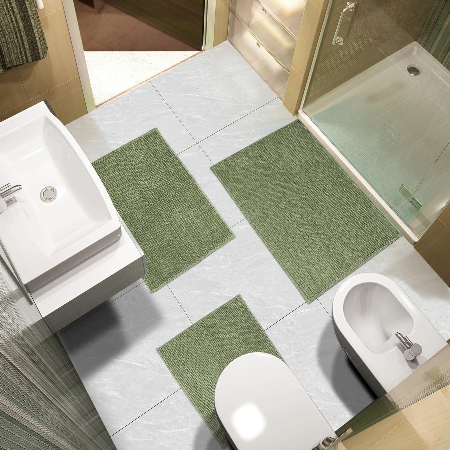 Urvoix Bathroom Rugs Sets 3 Piece, Non-Slip Chenille Bath Rug - Ultra Soft, Washable, Super Absorbent Bath Mat for Bathroom, Toilet and Tub (Sage Green)