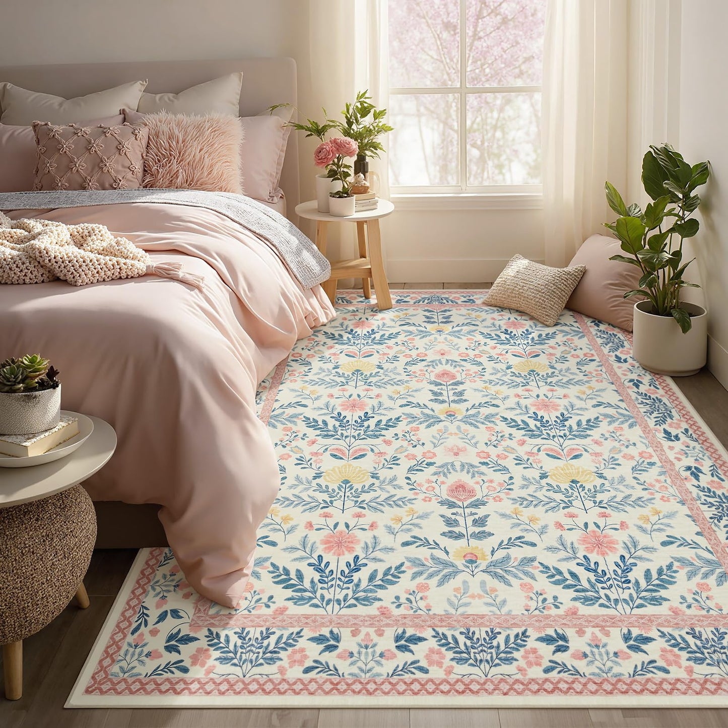 Joydeco Machine Washable Light Pink 5x7 Area Rugs for Bedroom Girls Playroom, Boho Floral Kids Room Nursery Rug Non Slip, Soft Indoor Floor Carpet for Dorm Living Room Classroom