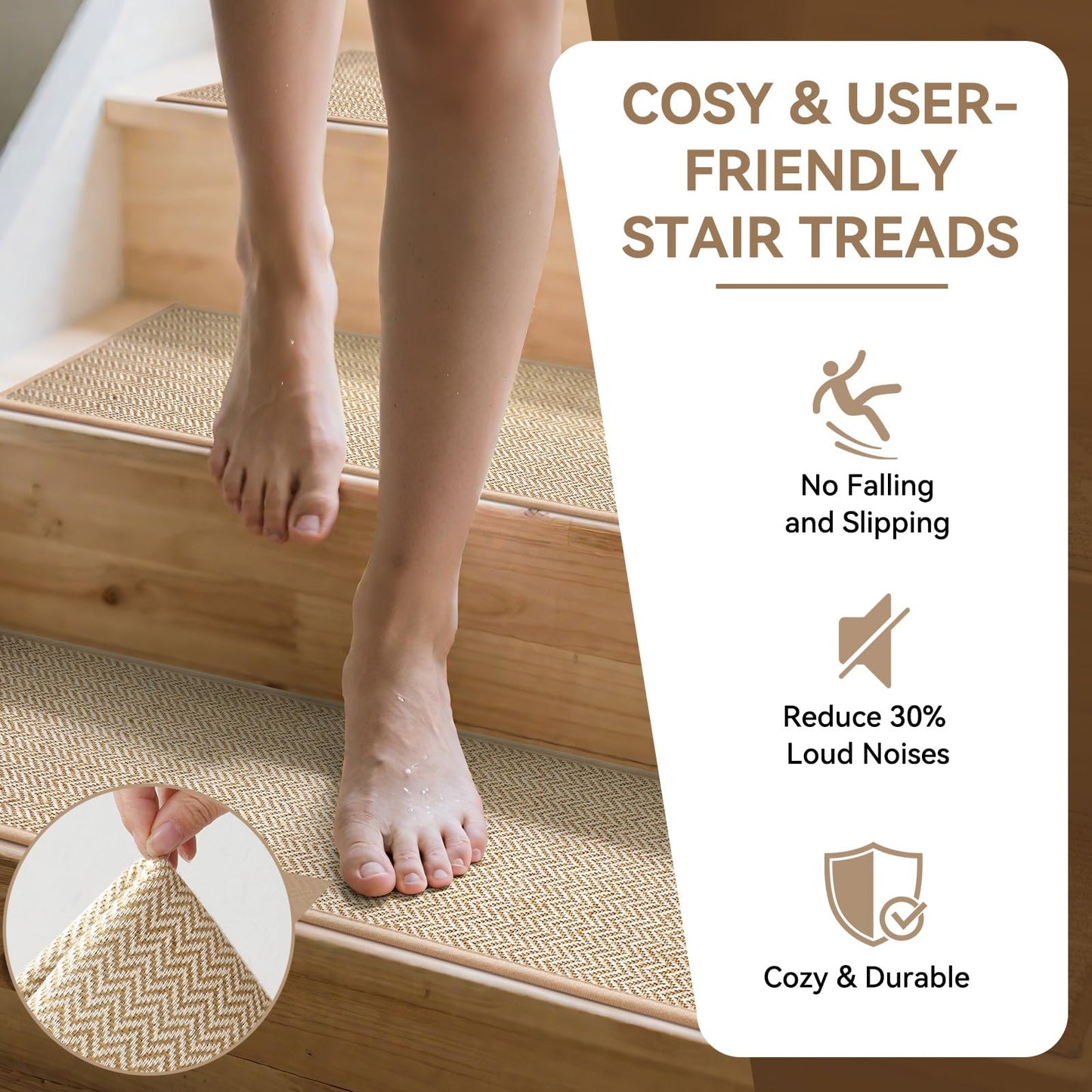 YDKGL Square Stair Treads Non Slip Indoor Wooden Steps Indoor, Peel and Stick Stair Runner Rugs, Reusable Adhesive Stair Carpet Treads Mat for Kids Elders Pets, Easy to Install, Beige 1 Pack 30" x 30"