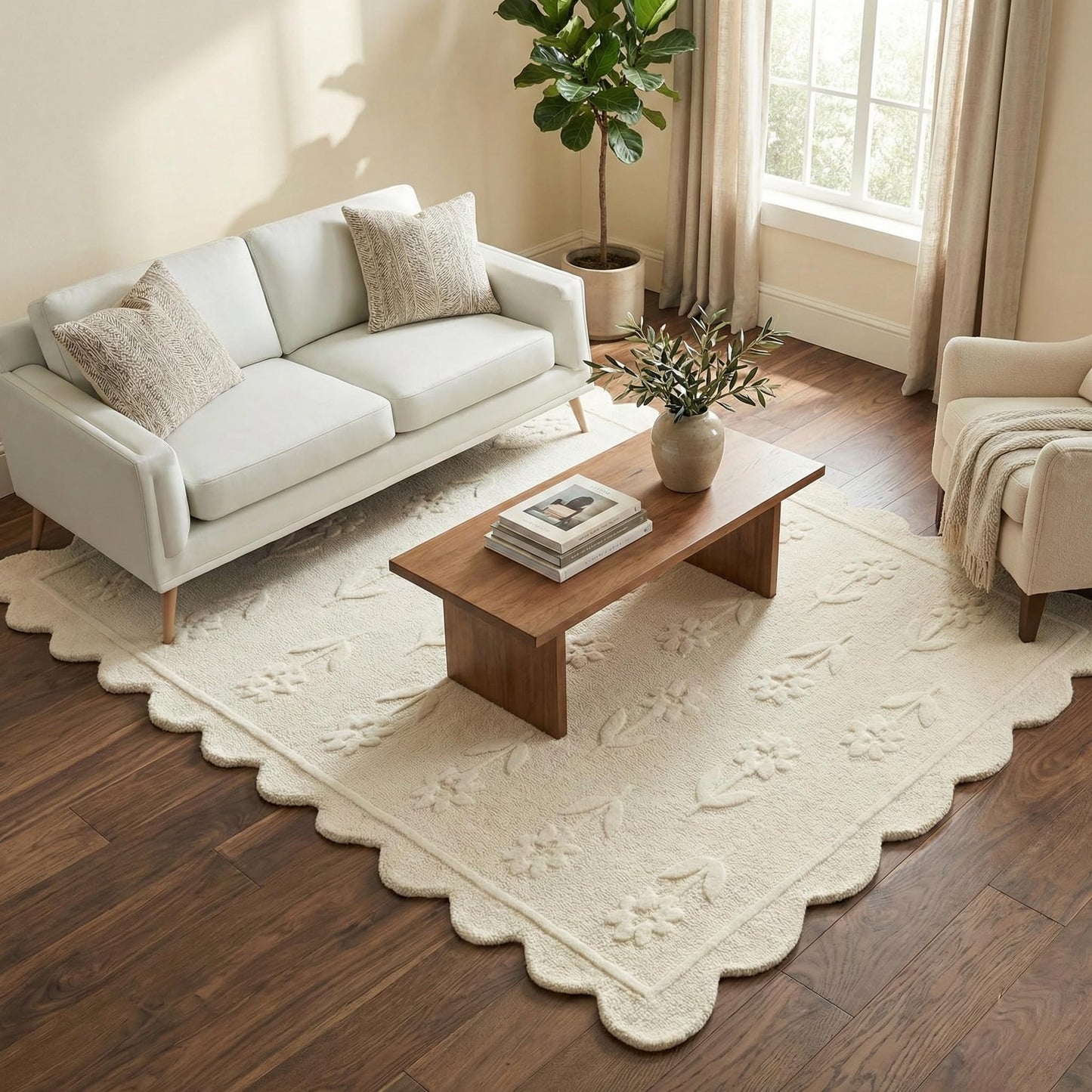 RUGWYN Jessa Scallop Floral Rug – Handmade Wool Area Rug with Non-Slip Cotton Backing – Soft and Durable – Ideal for Living Room, Bedroom, and Home Décor – Anti-Skid Design (Beige, 4' x 6')