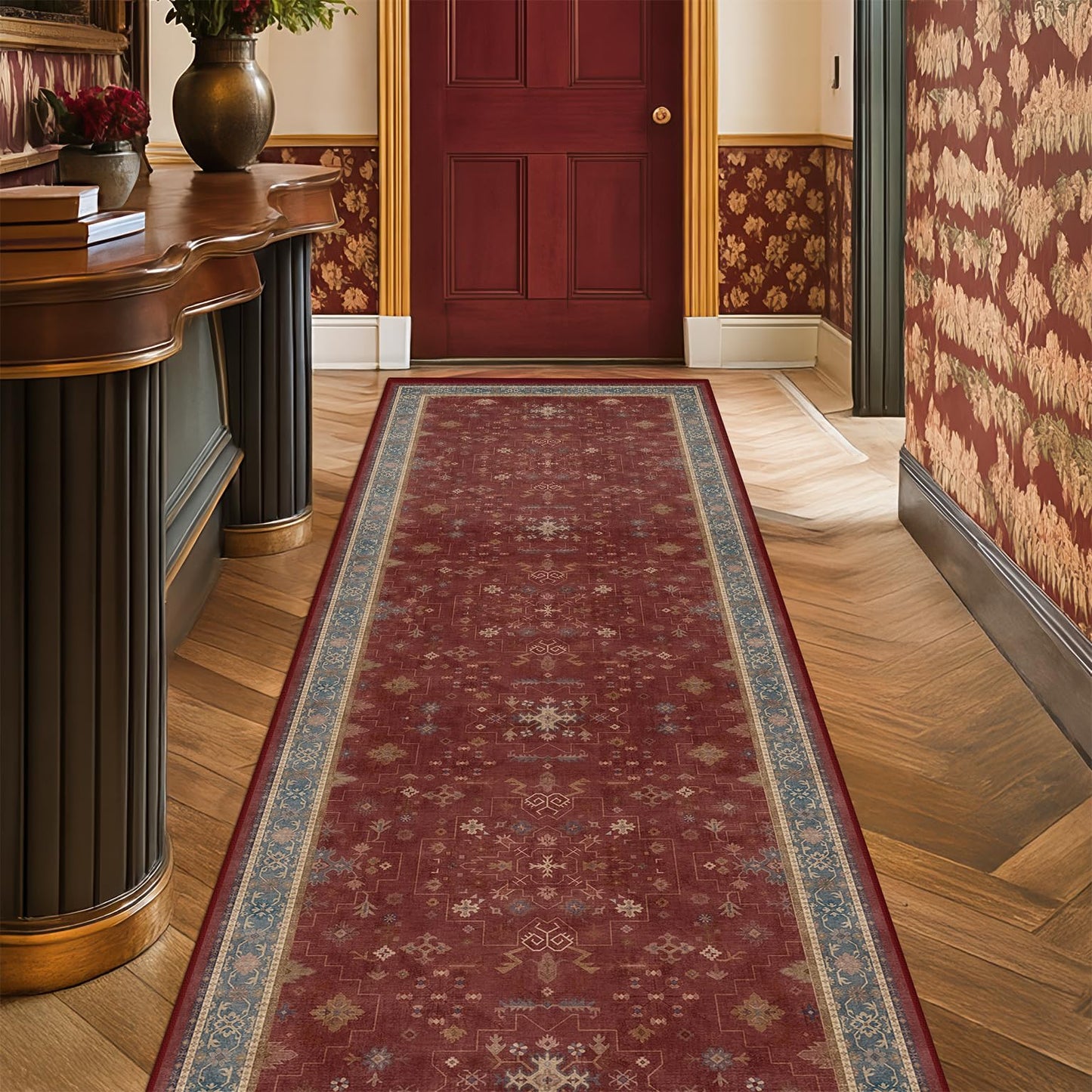 2x6 Turkish Kitchen Runner Rugs Non Skid Washable - Washable Rug for Hallway, Bedroom Bedside, Bathroom, Laundry Room, Hallway, Non Slip with Rubber Backing, Oriental Dark Red Kitchen Accessories