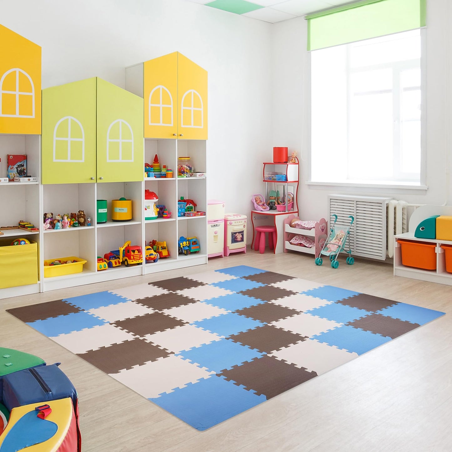 BalanceFrom 36-Pack 12x12 Inches EVA Interlocking Foam Play Tile Mat, Blue/Brown/Beige – 0.4-Inch Thick Non-Slip Puzzle Flooring for 36 Square Feet in Playroom, Nursery, or Playpen at Home