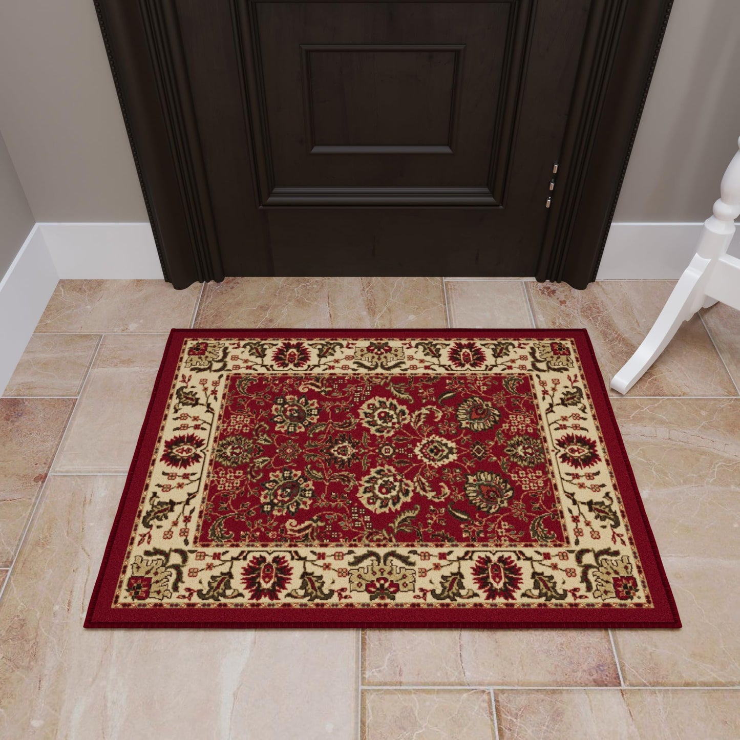 Ottomanson Front Door Mat – Non Slip Indoor Entryway Rug, Low Pile Stain Resistant Floor Mat for Mudroom & High Traffic Areas, 1'10.5" x 2', Red Oriental