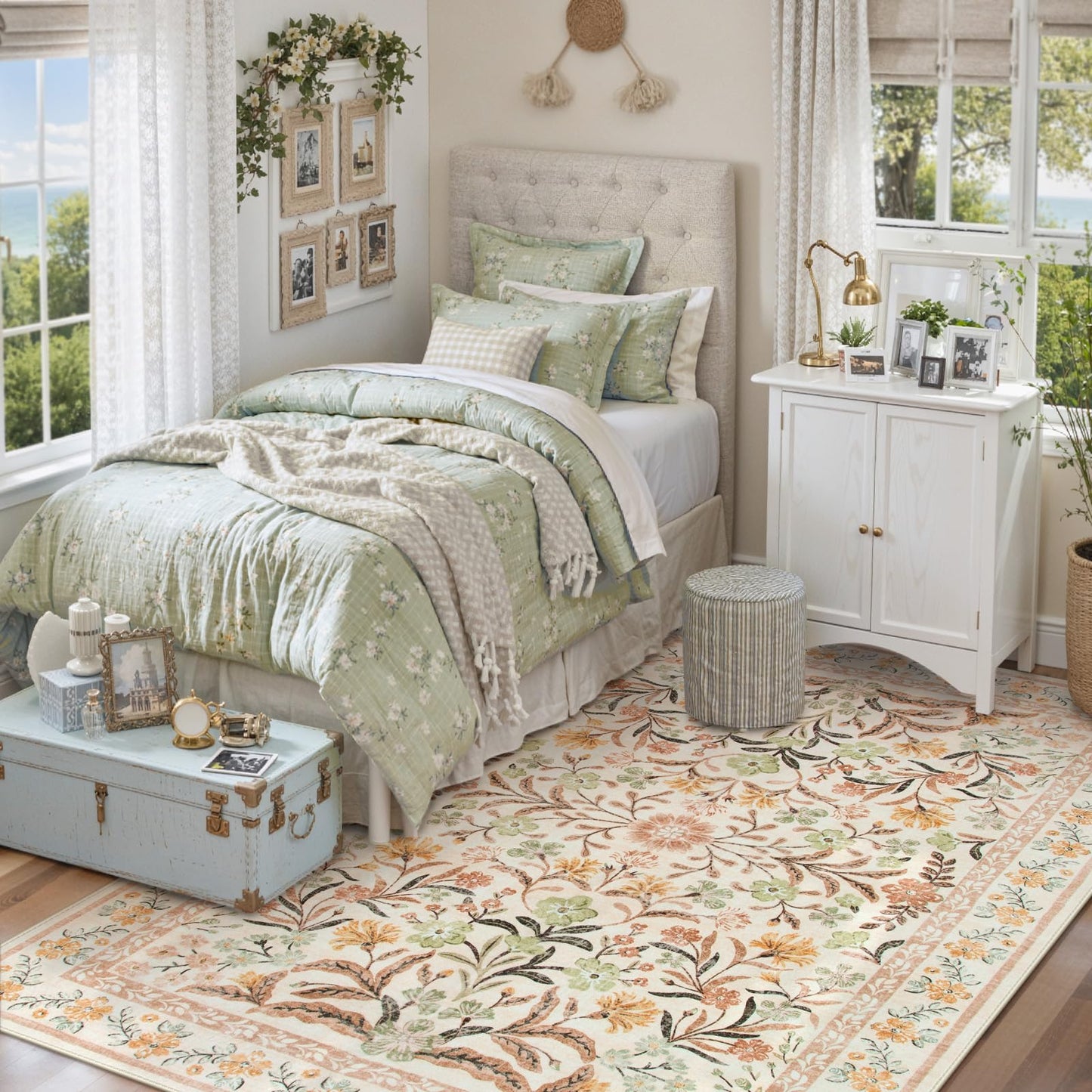 Lahome Sylvie Boho Nursery Living Room Rug, Washable Area Rugs 5x7 for Classroom Kids Room, Soft Floral Thin Carpet for Dorm Apartment Bedroom Decor, Ochre Fall