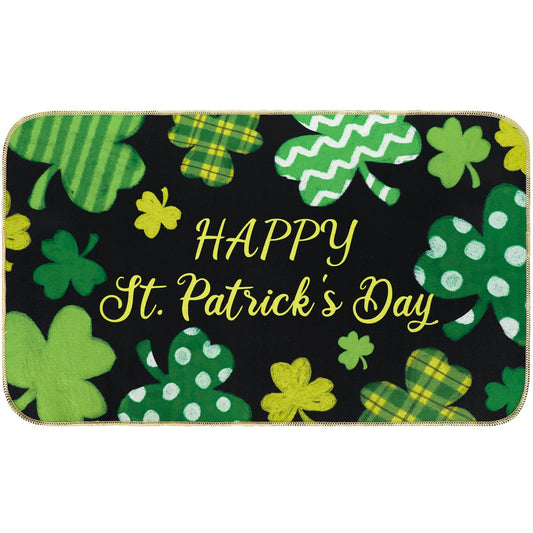 AnyDesign Happy St. Patrick's Day Door Mat Black Green Shamrock Clover Print Front Door Rug with Anti-Slip Rubber Back Irish Felt Doormat for Indoor Outdoor Kitchen Home Floor Decor, 17 x 29 Inch