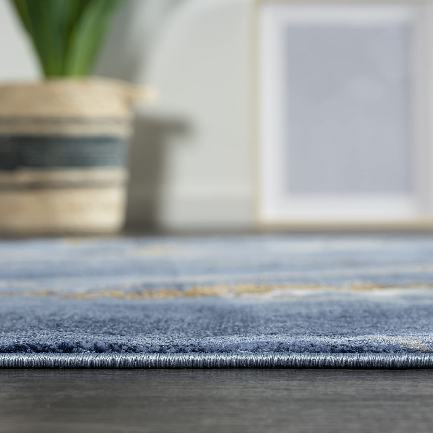 Abani Contemporary Blue & Metallic Gold 4' x 6' Area Rug, Non-Shed Modern Rugs Marble Print Dining Room Rug