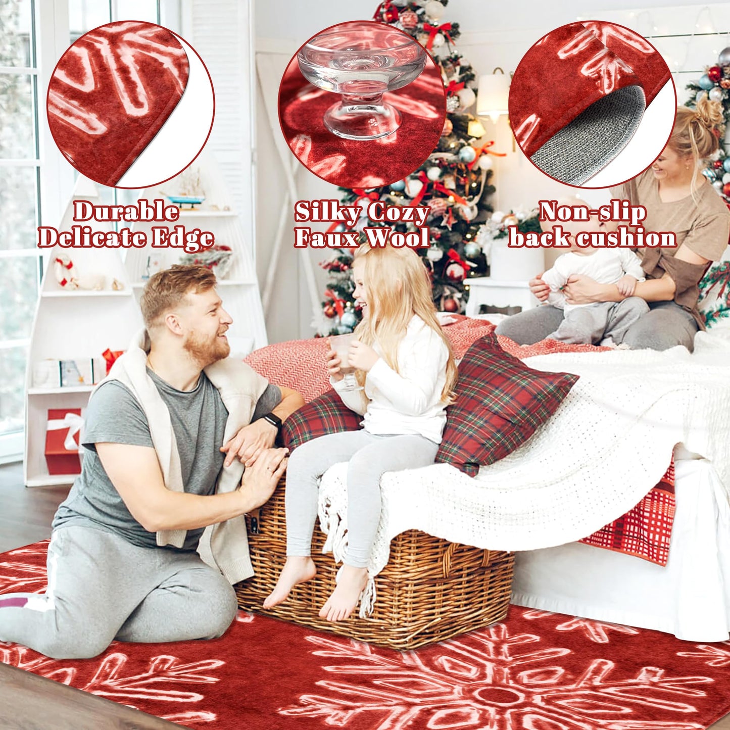 Christmas Area Rug Snowflake Winter Area Rugs Christmas Decorative Rug Xmas Throw Carpet Washable Non Slip Holiday Rug for Entryway Bedroom Living Room Laundry Room Indoor Red 3 x 5 FT