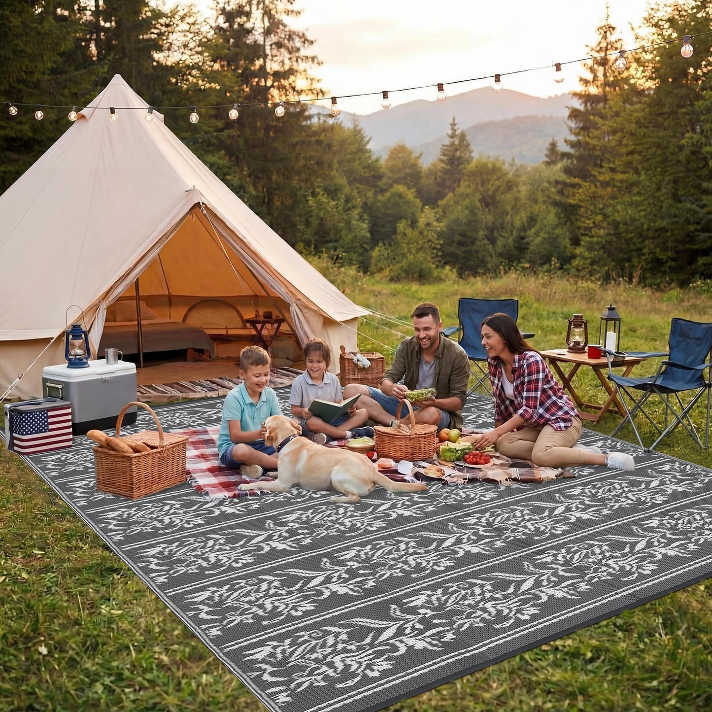 GarveeHome Outdoor Rug 9x12 Waterproof for Patio, Reversible Outdoor Plastic Straw Rug, Wallpaper Flower Indoor Outdoor Mat Carpet for RV, Camping, Deck, Backyard, Picnic, GreyWhite