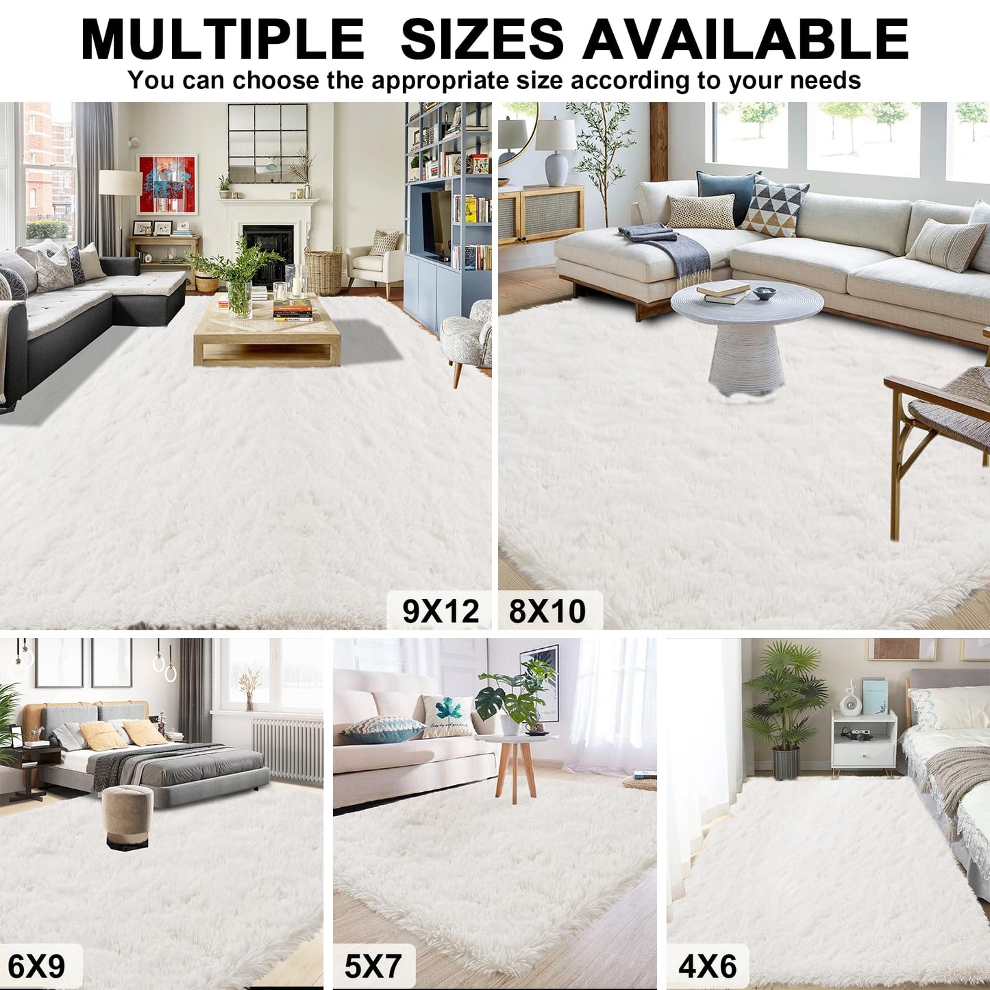 9x12 Shag Area Rugs for Living Room, Extra Large Ultra Soft Fluffy Furry Rug for Bedroom, Indoor Carpet Plush Fuzzy Nursery Rugs for Kids Girls and Boys, Dorms, Classroom, Home Decor Aesthetic, White