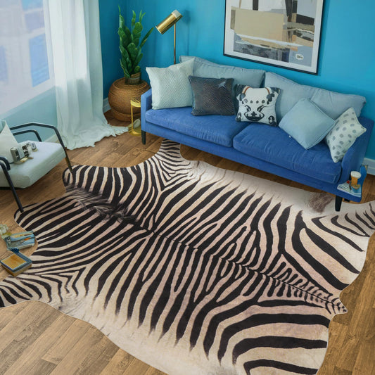 GUZAREUU Zebra Print Rug 8x10 ft Funky Area Rug for Living Room Bedroom, Non-Slip Durable Faux Cowhide Rug Large No Fur