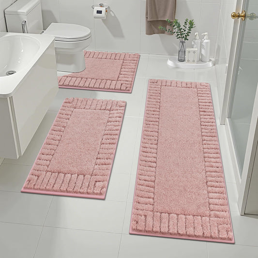 Pauwer Bathroom Rugs Sets 3 Piece Bathroom Shower Rugs with U-Shaped Contour Toilet Mat Absorbent Microfiber Plush Bath Mats Non Slip Bath Rug Machine Washable Shaggy Bath Mat Set, Dusty Pink