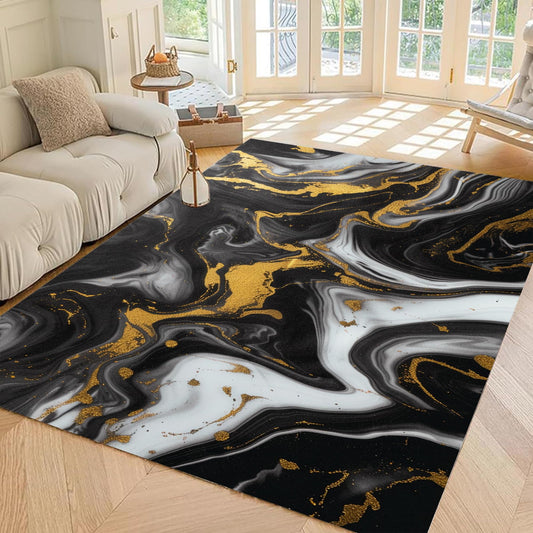 EDGZKO Black and Gold Area Rug: 6x9 Feet Abstract Black Marble Rugs for Living Room Washable Non Slip Floor Carpet Aesthetic Doormat for Dining Room Bedroom Kitchen Dorm Office