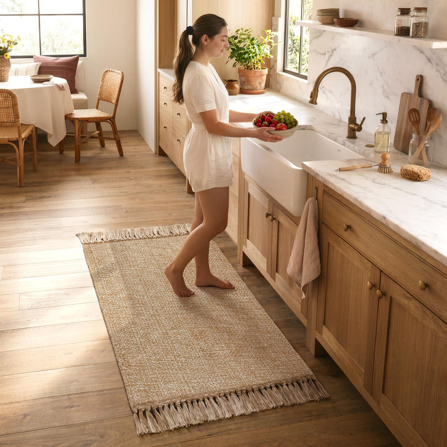 Collive 2' x 4.3' Indoor Outdoor Rug, Modern Farmhouse Kitchen Runner Rugs Hand-Woven Bathroom Mat, Tan Boho Washable Front Door Mats Reversible Entry Carpet for Laundry Bedroom Porch Decor