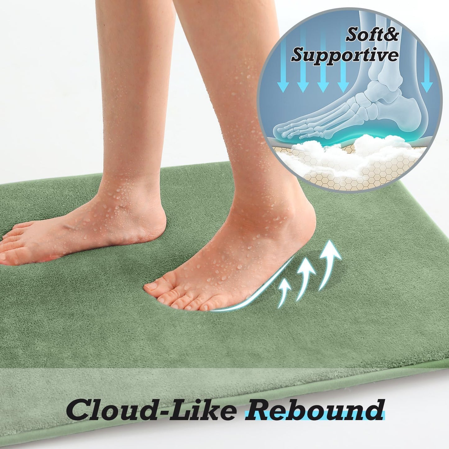 HUXMEYSON Bathroom Rugs Sets 3 Piece, Non-Slip & Quick Dry Bath Mat Set, Ultra Soft Velvet Bath Rugs for Bathroom, Toilet and Shower Floor, Grey Green