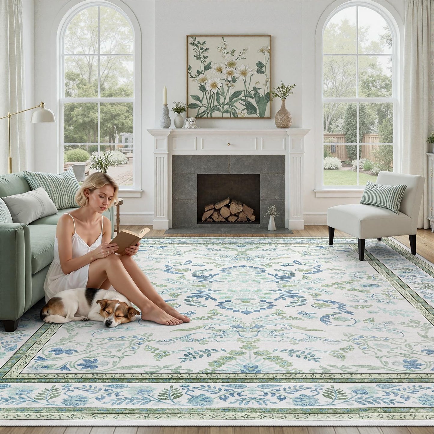 DCX Green 9x12 Rug, Kid & Pet Friendly with Rubber Back Non Slip, Machine Washable Stain Resistant Botanical Floral Rug for Living Room, Bedroom, Soft Low Pile Large Nursery Carpet