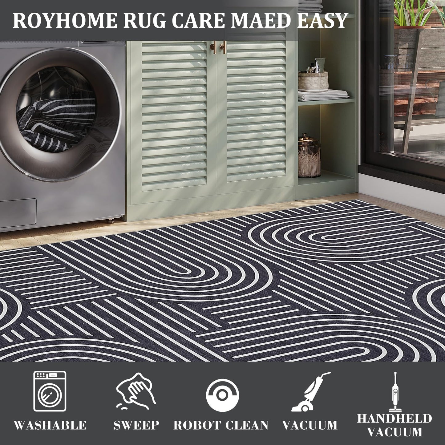ROYHOME Washable Rug 8x10 Area Rugs for Living Room, Abstract Rug for Bedroom, Soft Rainbow Non Slip Throw Rugs with Rubber Back, Low Pile Stain Resistant Boho Geometric Carpet for Dining Room, Black