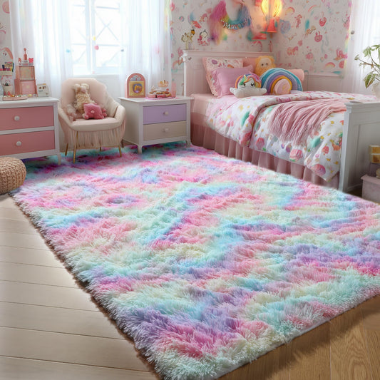 PAGISOFE 3x5 Fluffy Vibrant Rainbow Rug, Bedside Preppy Dorm Area Rug for Girls Bedroom,Pink Shaggy Kawaii Rug for Kids Room,Nursery,Toddler's Room,Cute and Colorful Room Decor for Kids