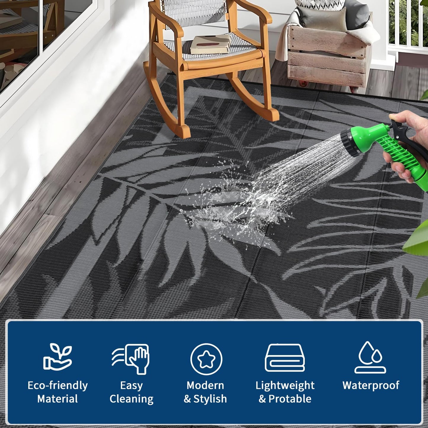 GAOMON 9'x18' Outdoor Rug Waterproof, Reversible Plastic Straw Rug for Large Patio, Backyard, Poolside, Deck – UV Resistant, Heavy Duty, Easy Clean Outdoor Carpet for High Traffic, Black&Brown