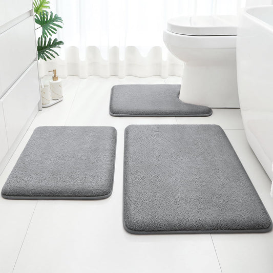HOMEIDEAS Upgraded Bathroom Rugs Set 3 Piece, Ultra Soft Memory Foam Bath Mats, Super Absorbent Non Slip Washable U-Shaped Toilet Bath Rug (Grey, 17"x24"+20"x32"+U-Shaped 20"x24")