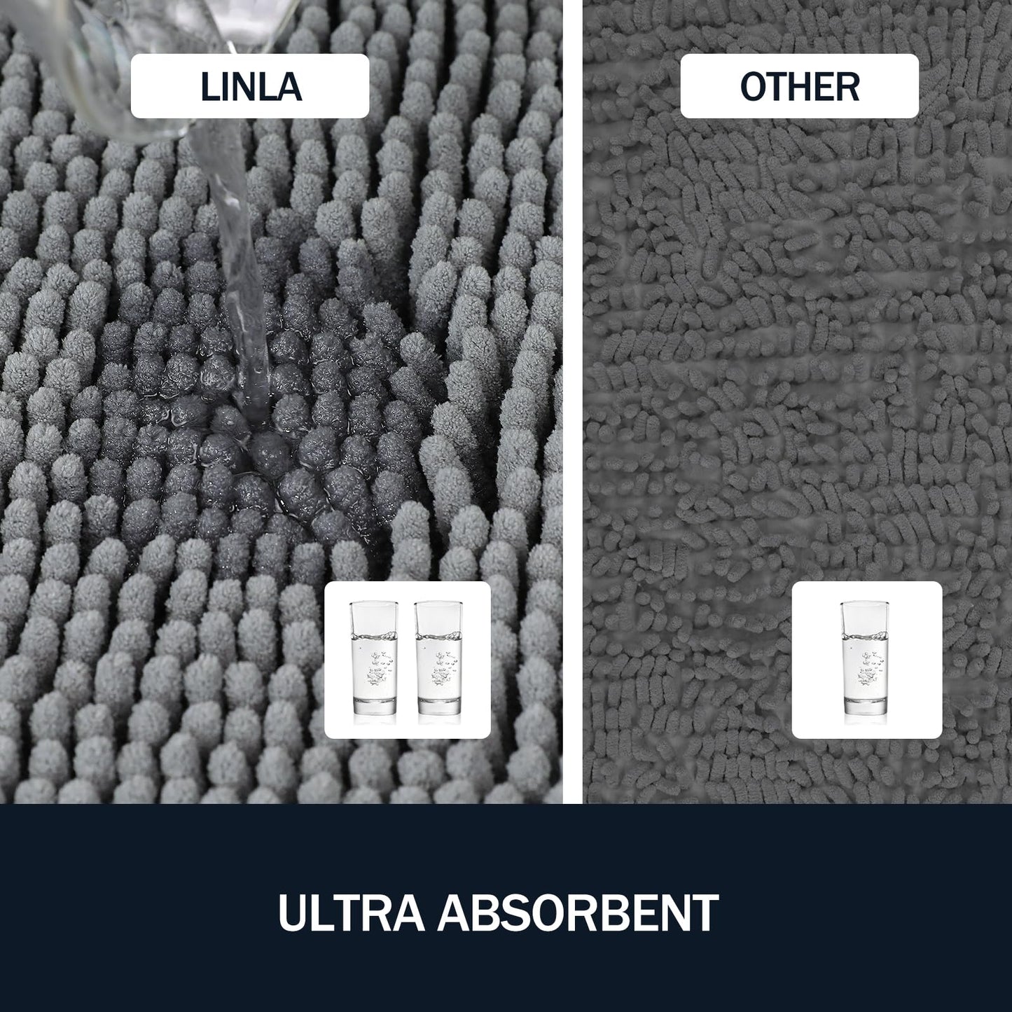 LINLA 3 Pieces Bathroom Rug Set, Absorbent Non Slip Chenille Bath mat, Thick Plush Chenille Carpet Mats Set,Washable Dry Quickly with U-Shaped Toilet Mat for Tub, Shower（Grey）