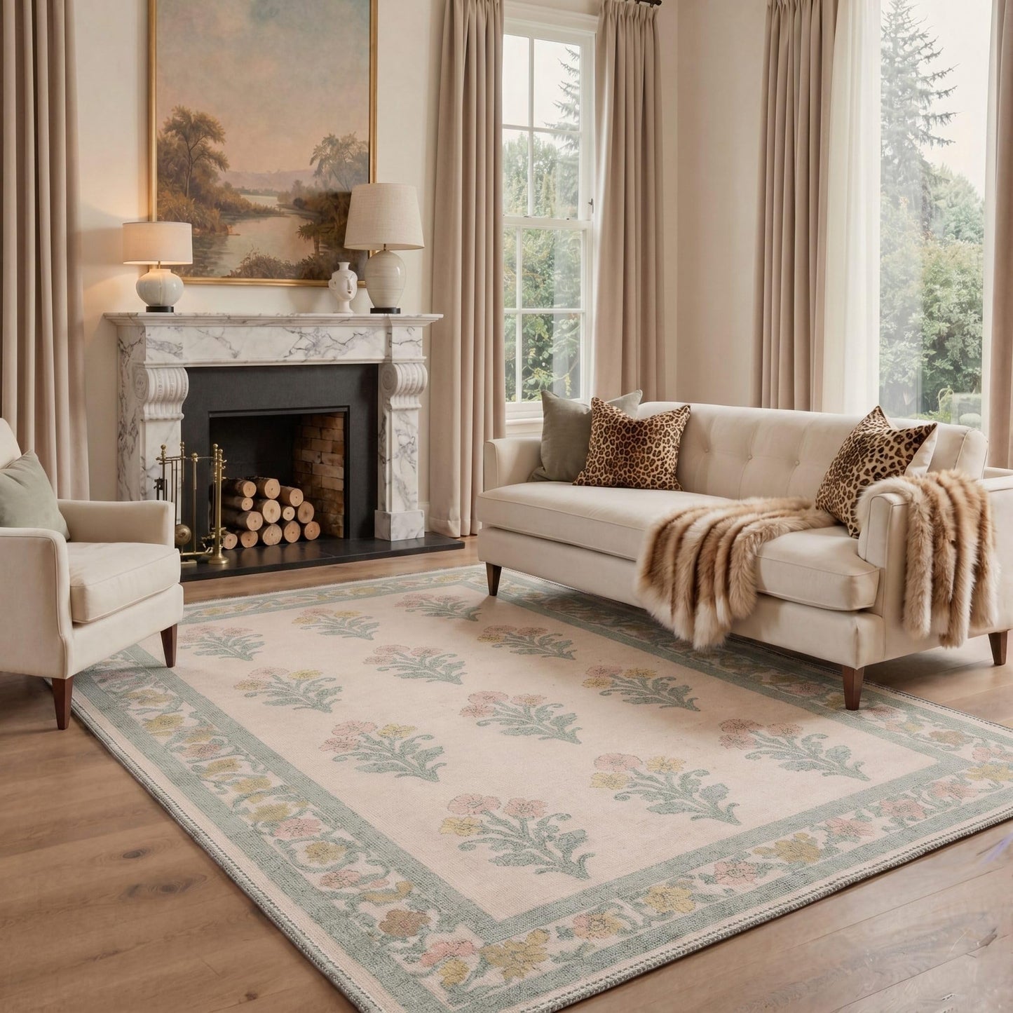 Bavni 5X7 Area Rugs for Living Room Machine Washable, Non Slip Low Pile Soft Modern Botanical Rugs, Floral Sprigs Carpet for Bedroom Dining Room, Home Office, Dusty Sage