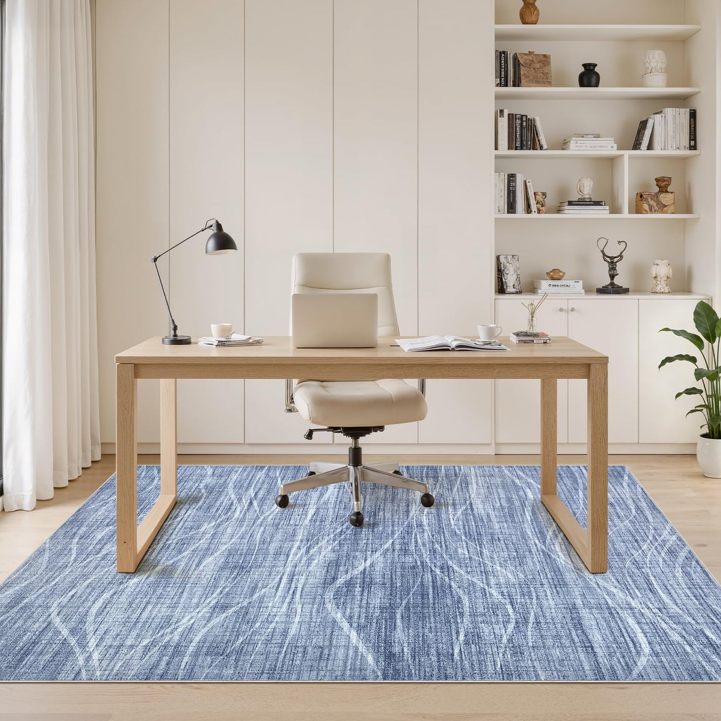 WITSHOCK 5x7 Area Rug for Living Room, Washable Rugs for Bedroom Kitchen Nursery Dining Room Office, Modern Wave Striped Rugs, Soft Thin Carpet Non Slip Low Pile for Home Decor, Blue