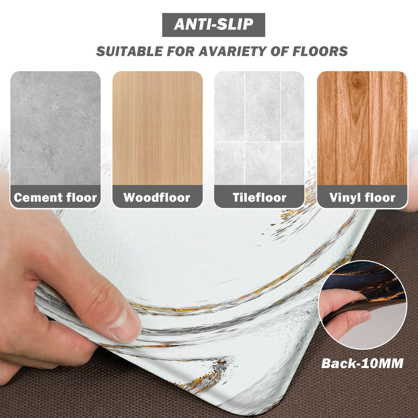 tubeamin Kitchen Mats for Floor Anti Fatigue Floor White Marble Cushioned Memory Foam Non Slip PVC Leather Padded Comfort Standing Rugs Set of 2, 17.3x28+17.3x47 Inch, 0.4 Inch Thick