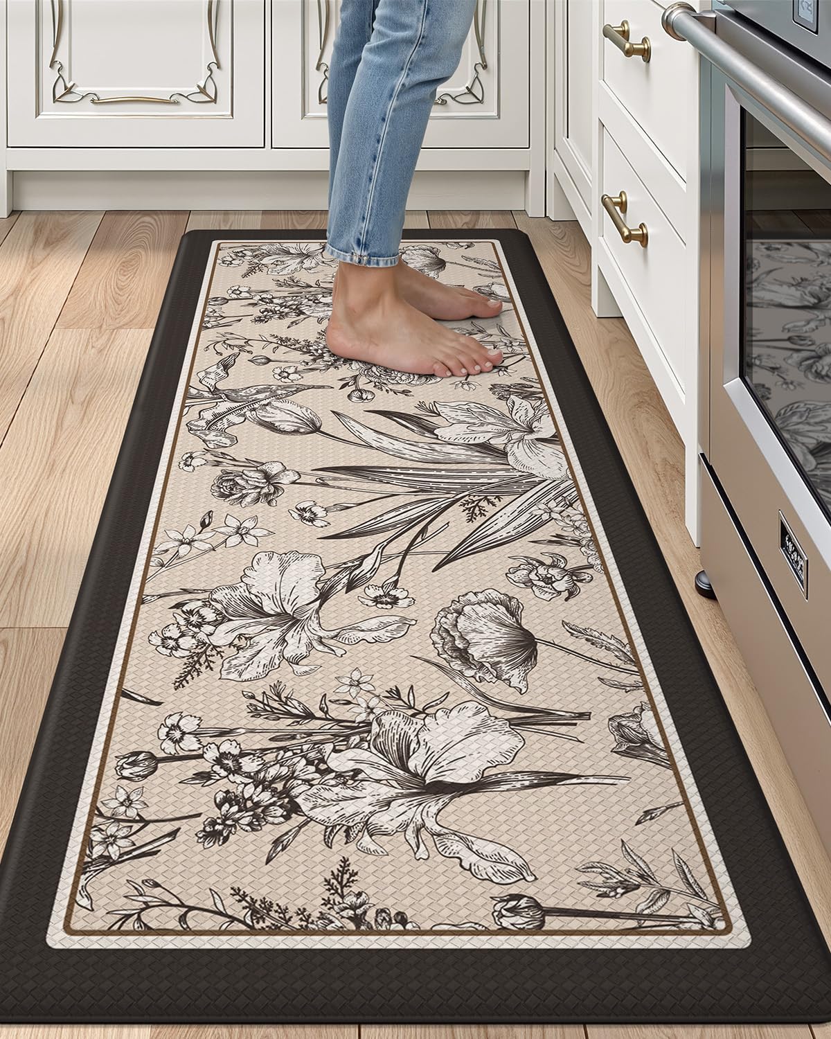 LUMI Kitchen Floor Mats Cushioned Anti Fatigue, 24" x 59" Long Standing Comfort Runner Rug, Memory Foam Padded Mat, Waterproof Rubber Memory Foam Padded for Front Sink Laundry, Cream Black