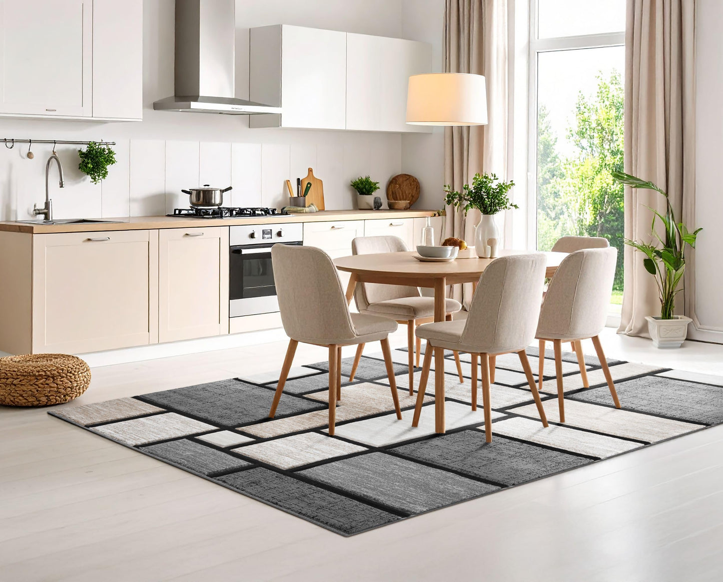 HADBA Modern 4x5 Sand Geometric Living Room Rug - Area Rugs for Living Room Dining & Bedroom - Hand Carved Runner Carpet - Durable Polyester - Non-Fade Stain-Resistant - Turkish Made