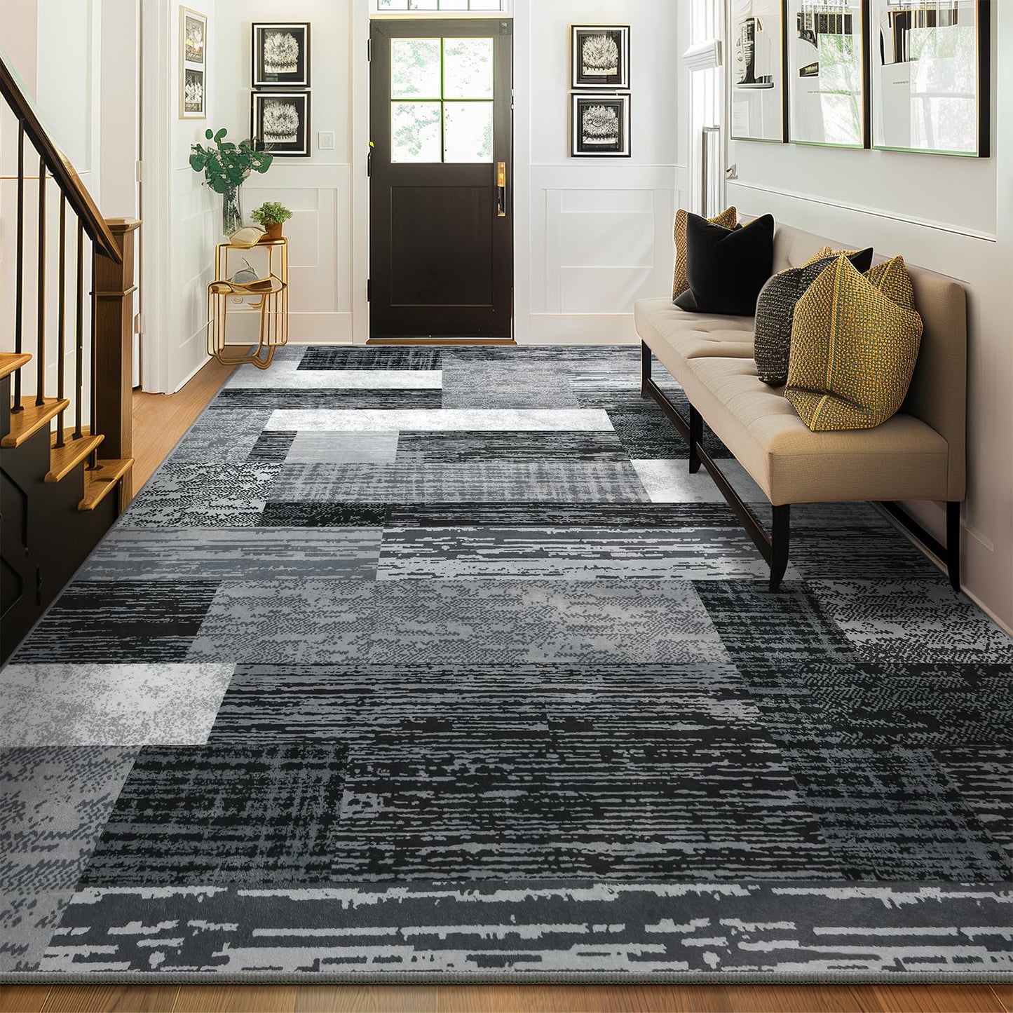 Large Area Rugs,Modern Geometric Patchwork Floor Decor for Bedroom Aesthetic Carpet, Rockwood Collection, Indoor Rugs for Living Room, Dining Room, Nursery, Office, Machine Washable Rug,4x6 Ft Grey