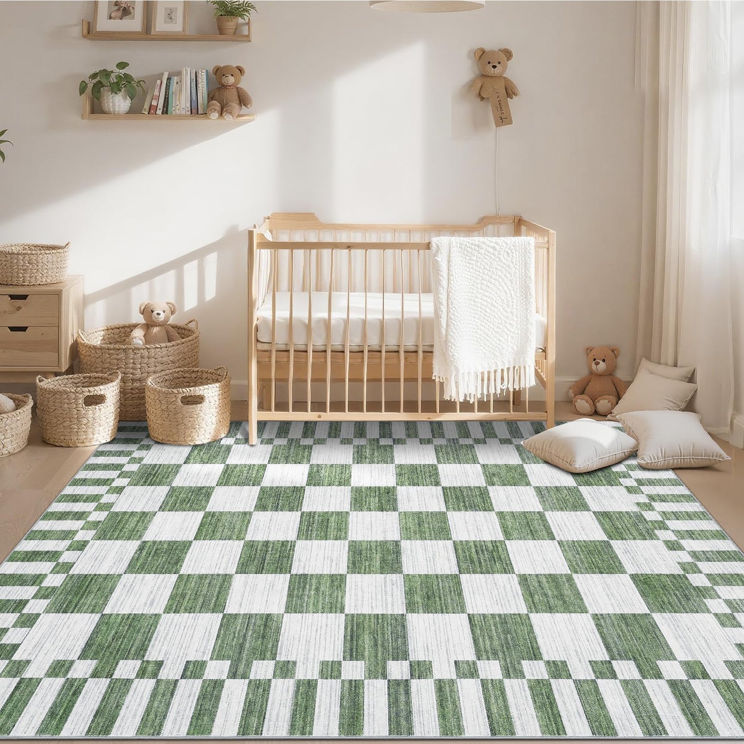 GarveeHome 8×10 Area Rugs for Living Room,Sage Green Checkered Rug, Non-Slip Washable Rugs 8x10,Soft Low-Pile Farmhouse Geometric Modern Rug for Bedroom Dining Room