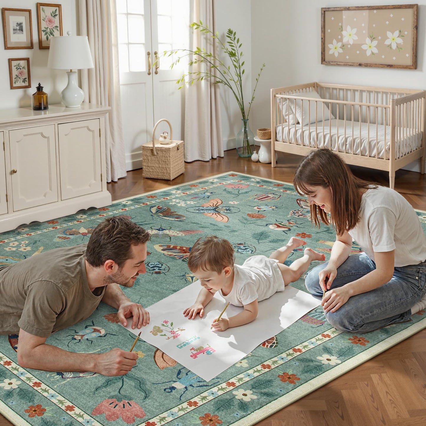 Lahome Insect Washable Area Rugs 5x7, Soft Green Rug for Living Room Bedroom Ultra-Thin Non-Shedding, Modern Throw Large Carpet for Dining Room Nursery Vionnet(5'x7',Green)