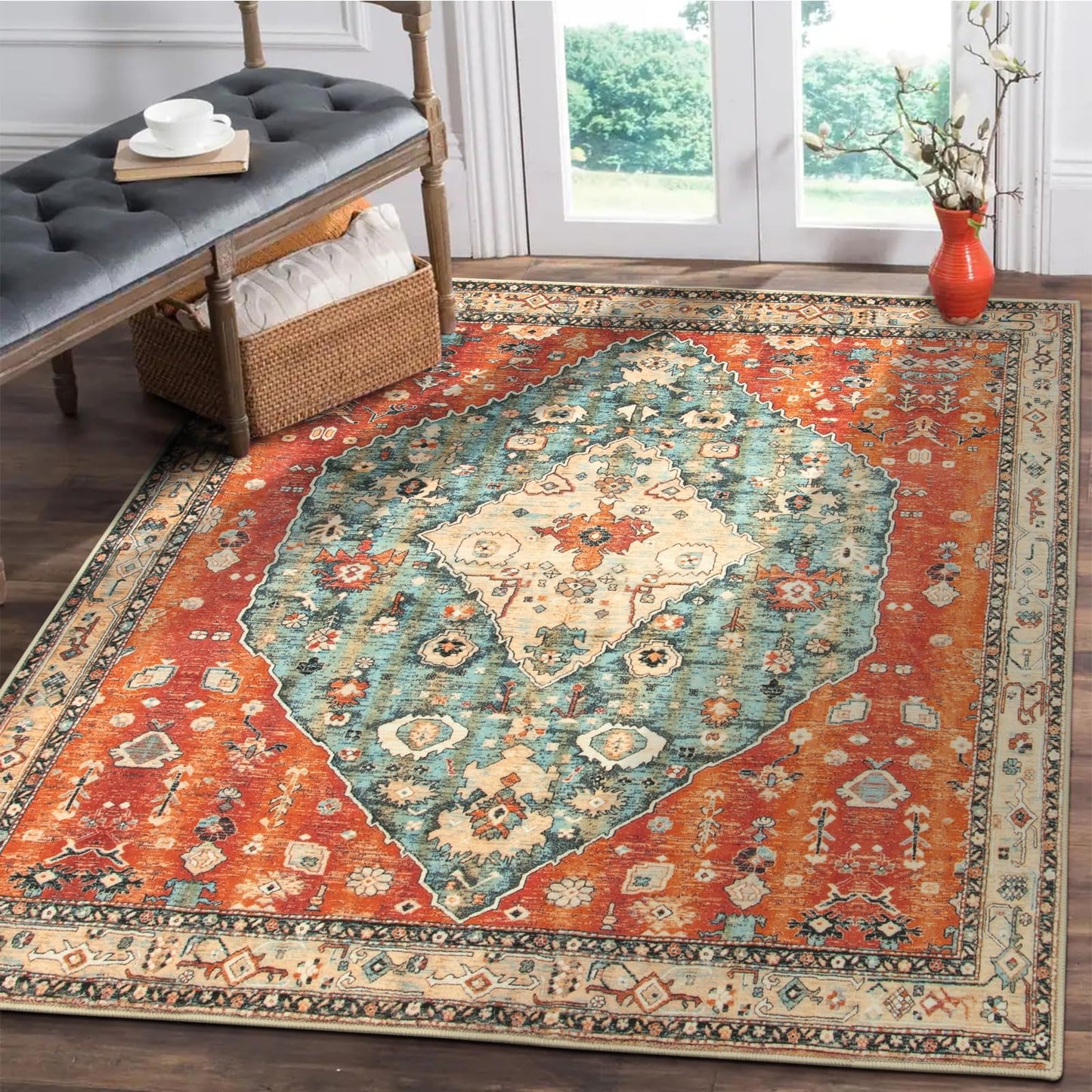 Lahome Felice Boho Tribal Square 4x4 Washable Rug, Soft Living Room Kitchen Entry Rugs with Rubber Backing, Oriental Non-Slip Indoor Throw Bedroom Carpet for Nursery Office (Rust/Dull Teal,4x4ft)