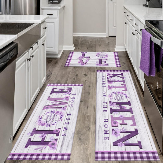 Lavender Purple Kitchen Rugs Sets of 3 Piece, Plaid Floral Rustic Watercolor Floor Mat Rug Runner Area Rug Carpet Washable, Farmhouse Purple Kitchen Decor and Accessories Stuff