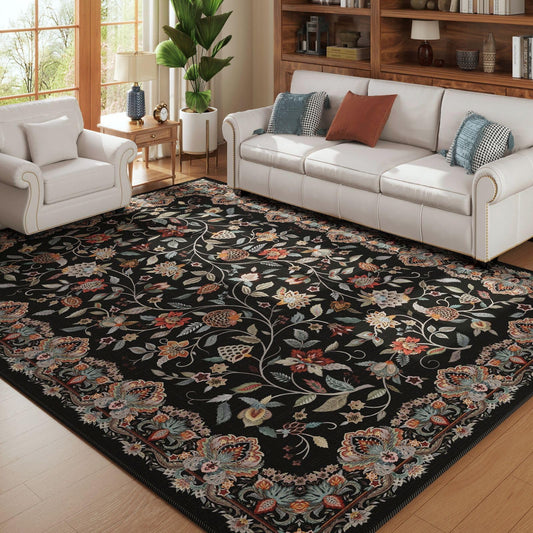 Rugcomf Vintage Paisley Rugs for Living Room 5'x7' - Machine Washable Area Rug, Non-Slip Low Pile Floral Carpet for Bedroom, Dining Room, Farmhouse, Office, Kids Playroom - Black
