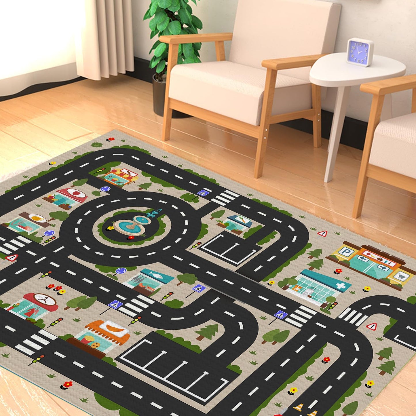 Analog ABC Kids Rug Playroom Car Play Mat City Life Road Rug for Cars Fun City Map for Carpet for Bedroom Boys (63 * 94 inches, Evening City)