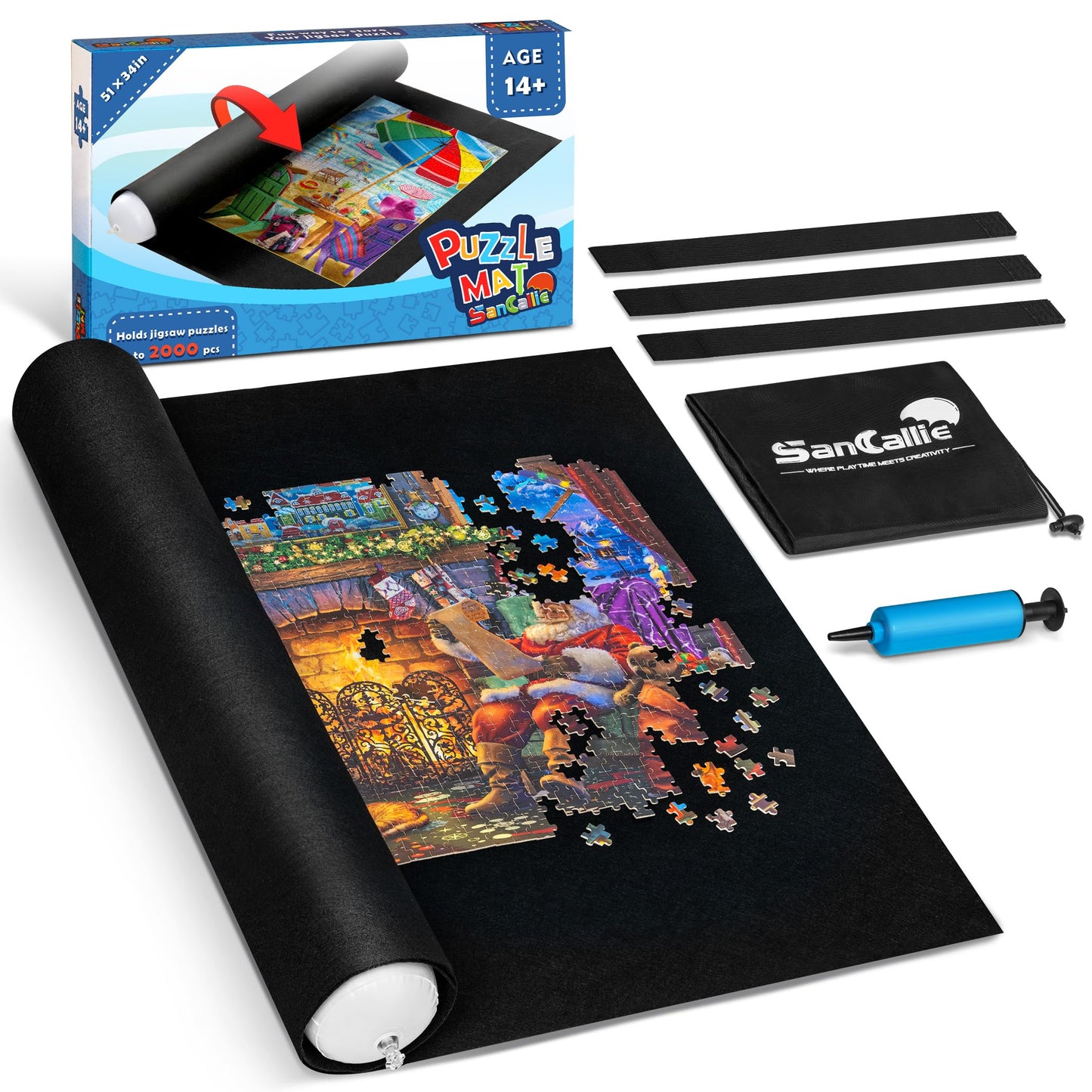 Sancallie Jigsaw Puzzle Mat Roll Up, 51"x34" Jigsaw Storage Felt Mat, Jigroll up to 2,000 Pieces, Gift Box with Drawstring Storage Bag, 3 Elastic Band, Hand Pump, Portable Puzzle mat